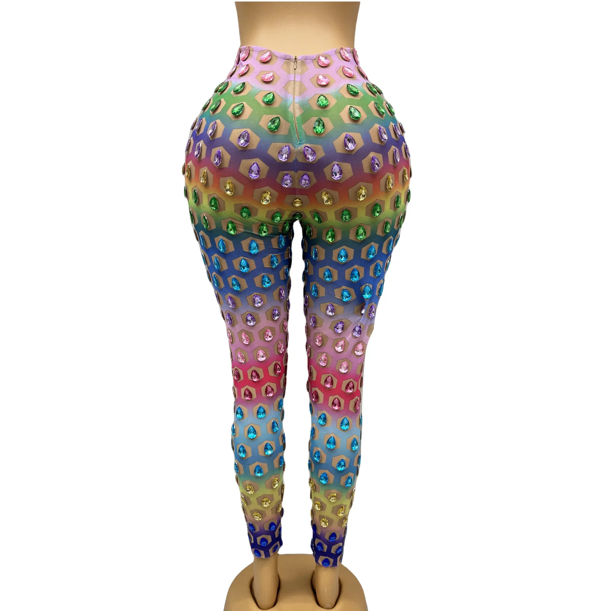 Sexy Colorful Big Rhinestones Transparent Pants Evening Birthday Celebrate Costume Dance Performance Leggings Outfit