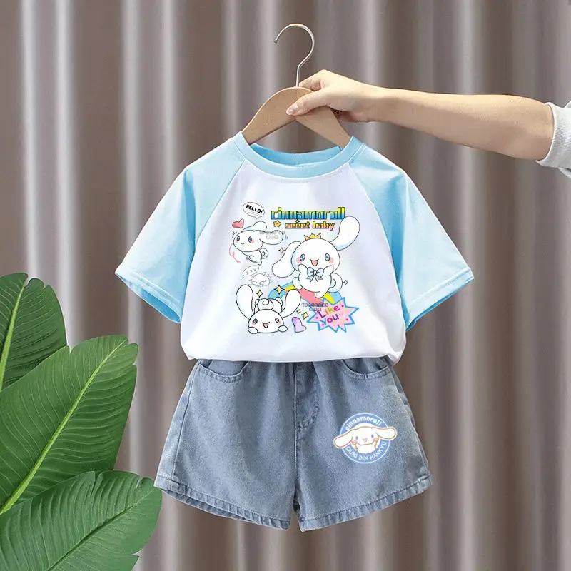 

Sanrio Girls Casual Cartoon Cotton T-Shirt Cinnamoroll Children Kawaii Short Sleeve New Style Fashion Summer Shorts 2Pcs Clothes