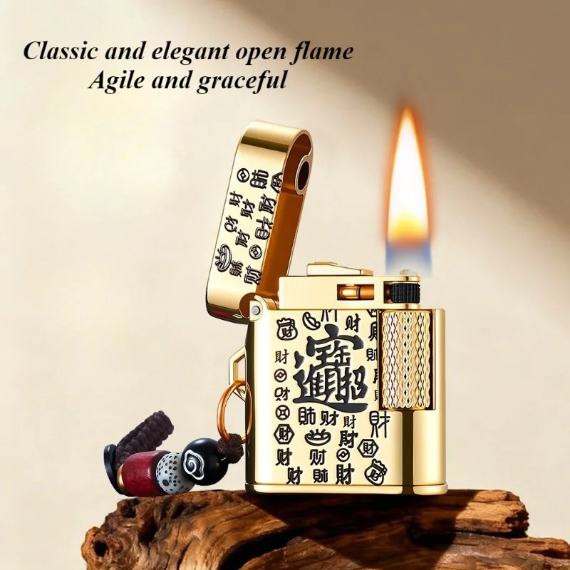 Fashionable Retro Metal Exquisite Small Square Brick Lighter, Classic Open Flame Side Sliding Grinding Wheel Cigarette Lighter