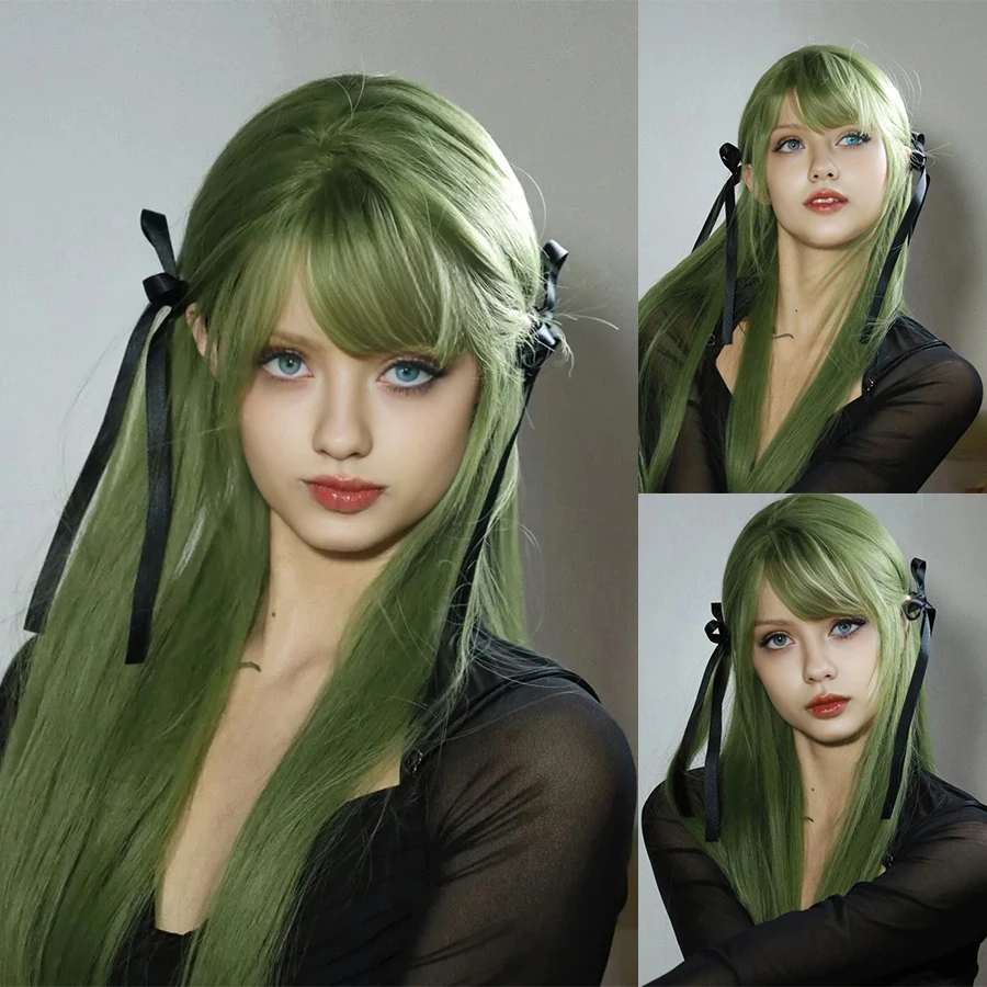 Cosplay Wig With Bangs Synthetic Straight Hair 20 Inch Long Heat-Resistant Fruit Green Wig For Women