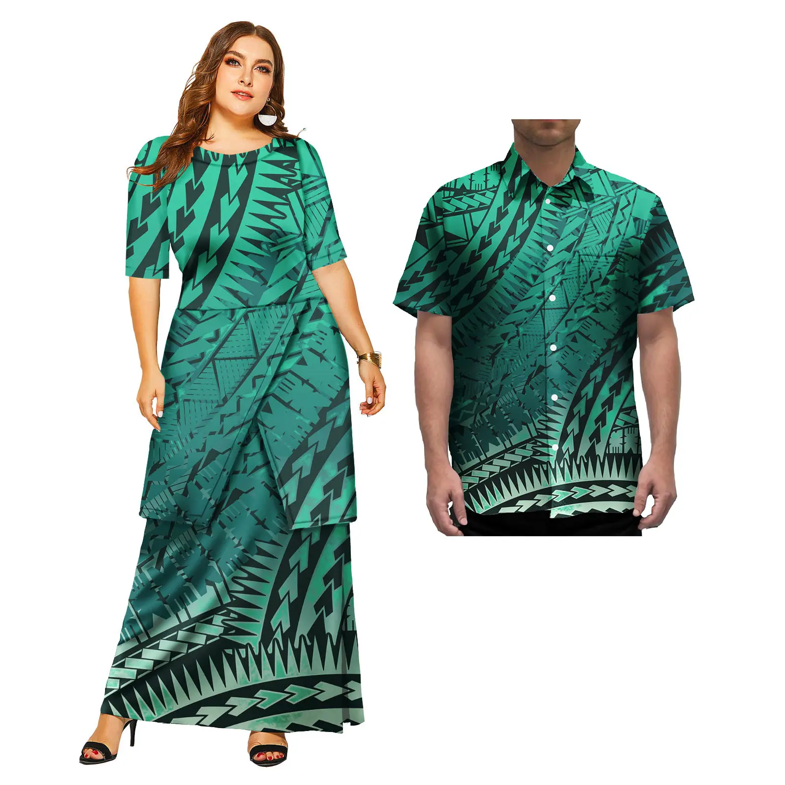 Hawaiian Floral Print Elegant Women Puletasi Dress and Aloha Shirts Casual Samoa Polynesian Couple 2 Pcs Set