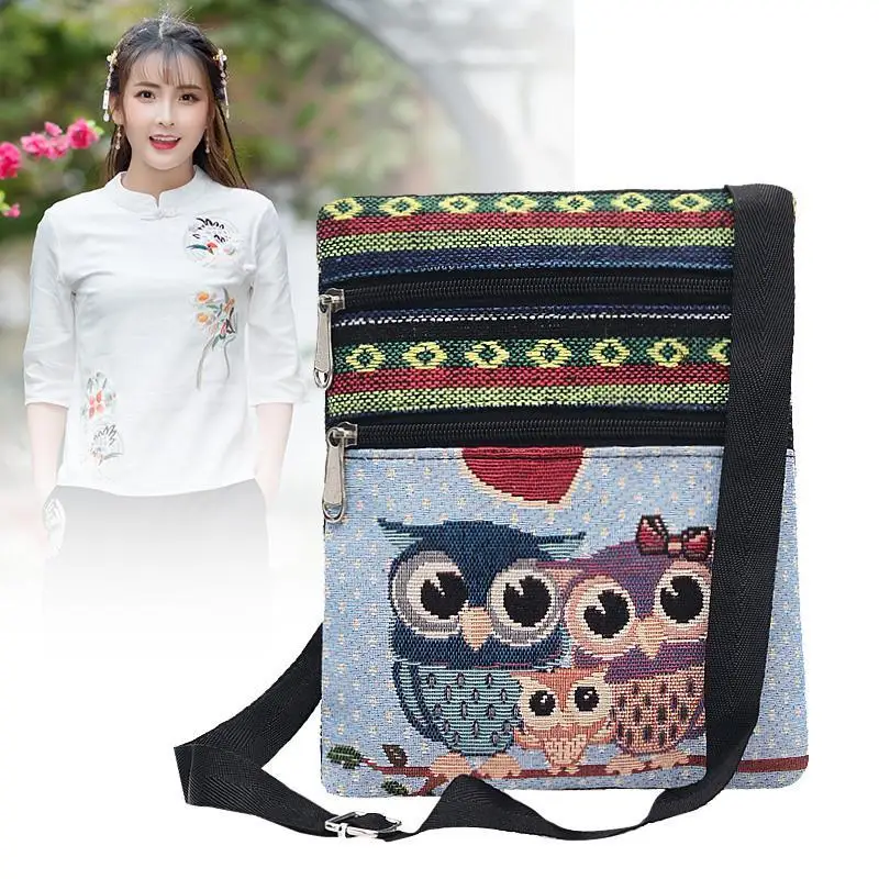 Cute Lady Shoulder Bag Owl Print Messenger Flap Bag Female Mini Canvas Ladies Double Zipper Ladies Messenger Bag 2024