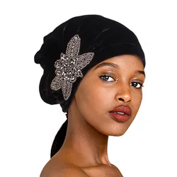 New Women Beads Flower Turban Cap Velvet Head Wraps Caps Beanie Skullies Turban Chemo Cap Muslim Headscarf Bonnet Inner Elegant