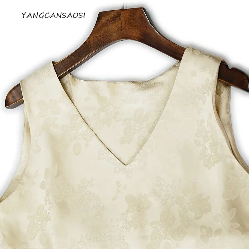 

Women's Fashionable Clothing 100% Natural Mulberry Silk HuaLuo V-neck Jacquard Champagne Sleeveless Diagonal Cut Vest Dress