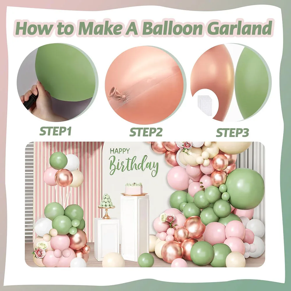 Gray Green Pink Balloon Garland Arch Set, Blush Pink Rose Gold Latex Balloon Olive Green and White Sand Balloon Suitable for Bohemian Birthday Baby
