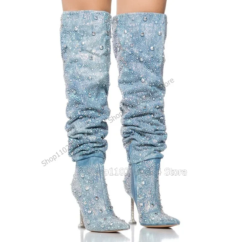 

Sky Blue Rhinestone Decor Pointed Toe Boots Side Zipper Women Shoes Strange Style Heels Fashion Runway 2023 Zapatos Para Mujere