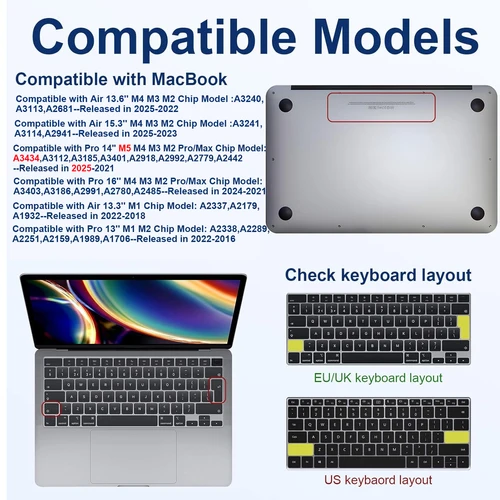 Imagen 2 del producto Funda negra brillante para MacBook Pro de 14 pulgadas 2025-2021 M5 A3434 M4 M3 M2 M1, carcasa dura de plástico + cubierta de teclado para Air M4