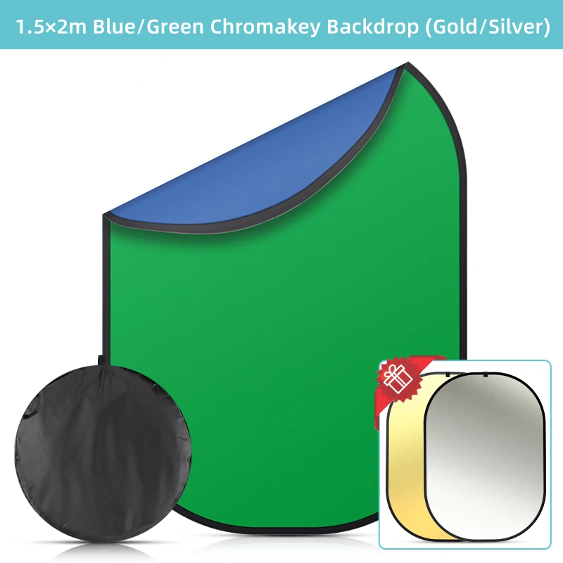 خلفية 59inx7 9in/1.5 متر x 2 متر مزدوجة أخضر/أزرق قابلة للطي كروما مفتاح أخضر خلفية مع عاكس ل يوتيوب الغذاء الفيديو والصور