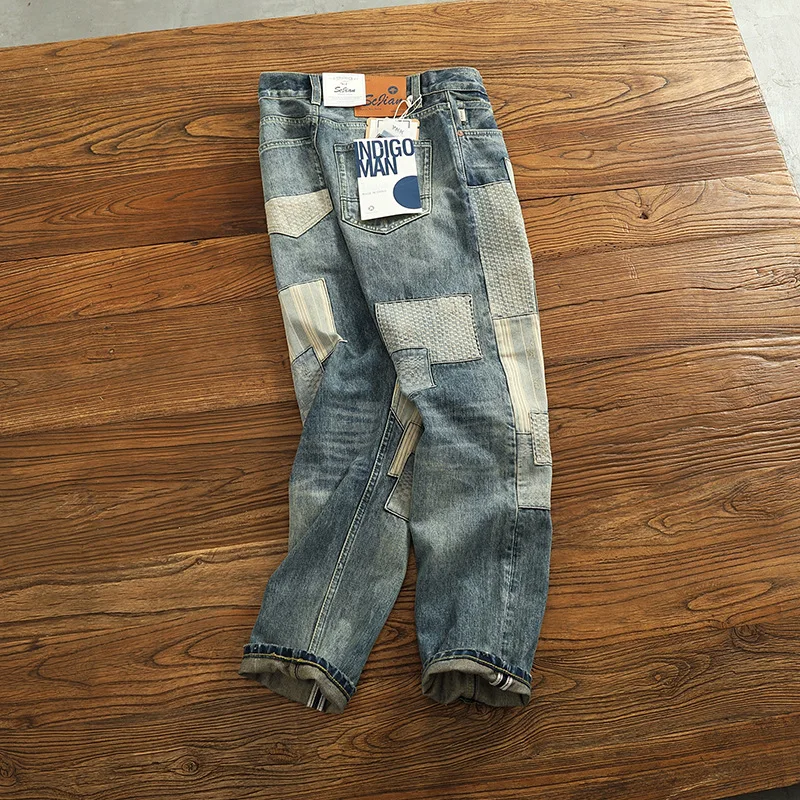 American retro patchwork trendy brand jeans for men, high-end distressed design, street slim fit small leg pants