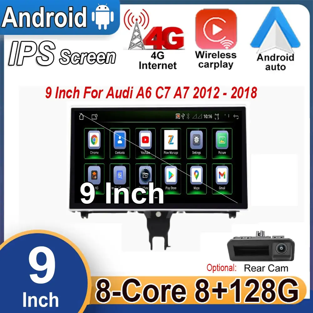 9 IPS Screen For Audi A6 C7 A7 2012 – 2018 Android 14 Wireless Carplay Car Player Multimedia Radio Stereo Video GPS Navigation