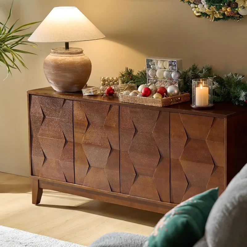 ตู้บุฟเฟ่ต์ไซด์บอร์ด Mid Century พร้อมขาไม้เนื้อแข็ง ตู้เก็บของในครัว 60 นิ้ว Credenza 4 ประตูและ 2 วินาที