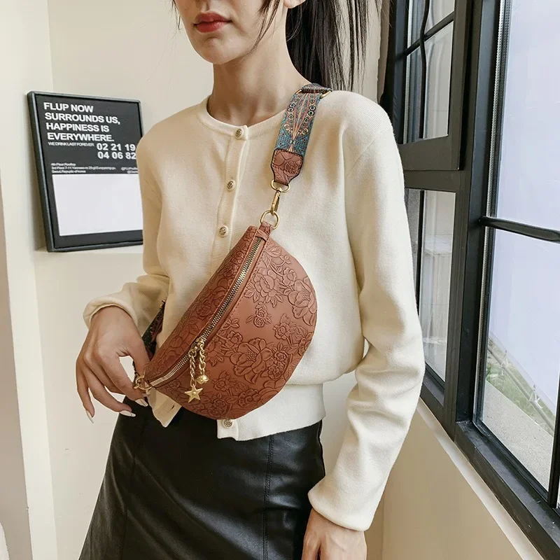Elegant Emboss Flower Pattern Fanny Packs For Women Luxury Chain Zipper Waist Bags Female Waist Pack Ladies Crossbody Chest Bag