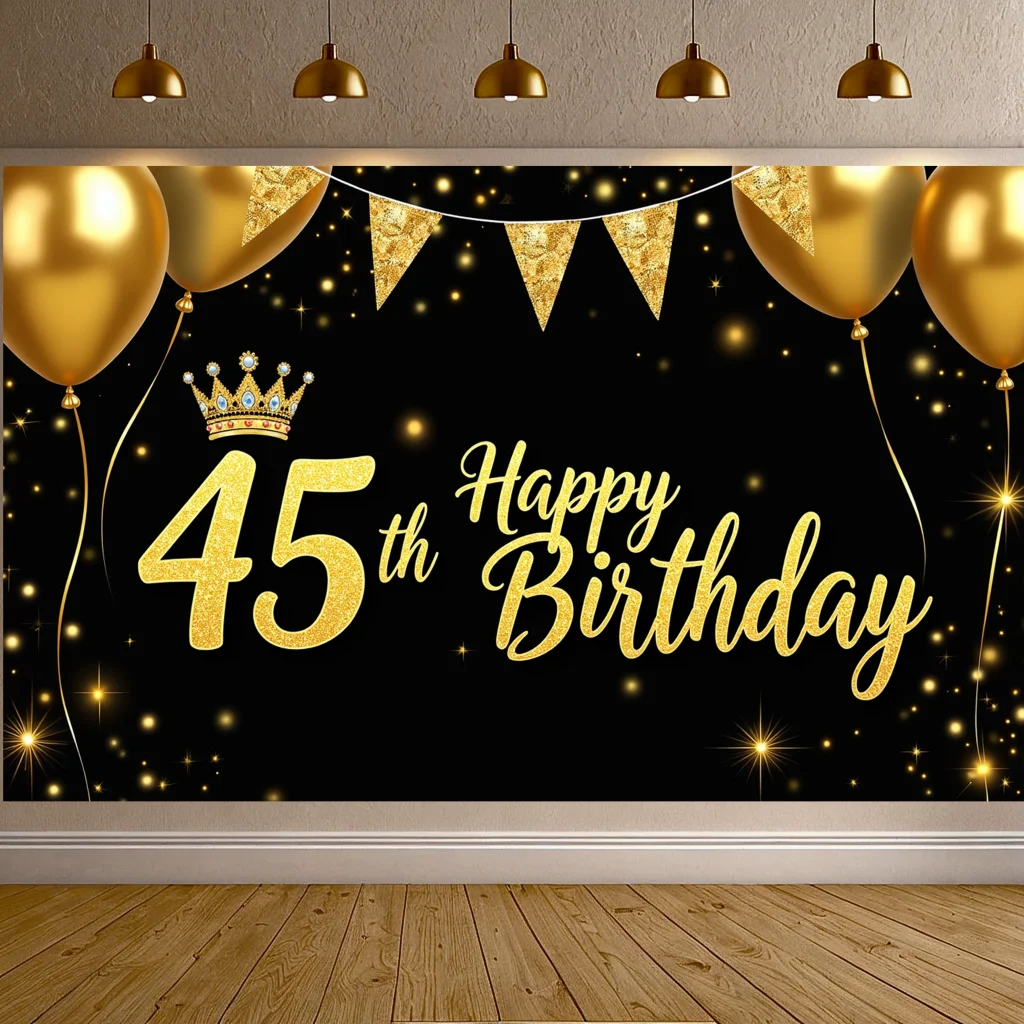 

Black Gold 21st 45th Birthday Backdrop Celebration Banner for Party Balloon Decoration Photo Booth Background Party Decorations