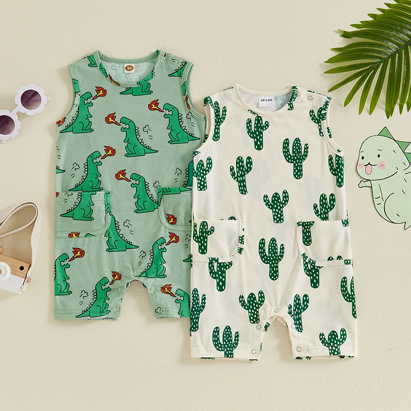 Baby Girls Boys Sleeveless Romper Casual Cactus Print Round Neck Tank Top Jumpsuit Newborn Summer Clothes