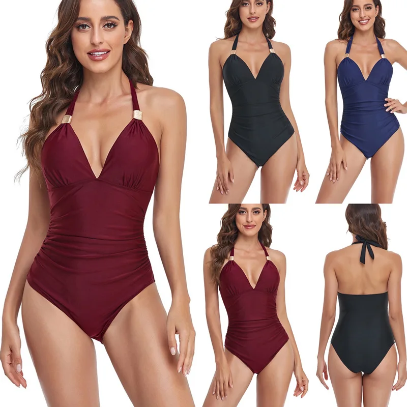 

Langqi New One-Piece Women's Swimsuit Solid ColorVTie Neck Halter Cover-Up Slimming Swimsuit