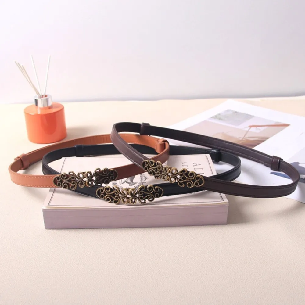 Hollow Floral Metal Buckle Hole Free Adjustable Thin Pu Leather Waist Belt Vintage Floral Alloy Plaque Supple Universal Sliding