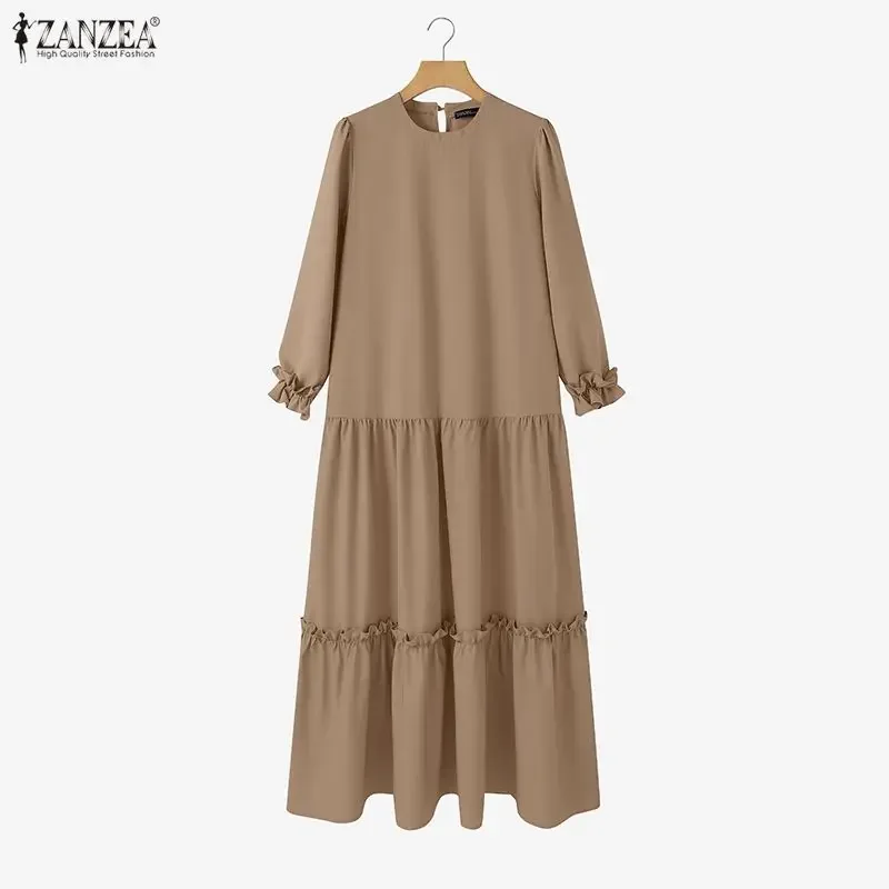 ZANZEA Damskie Sukienki Wiosna 2026 z Dekoltem O i Długim Rękawem Elegancka Muzułmańska Abaja Sukienka Ramadanowa Stylowa Sukienka Maxi z Falbanami Kaftan