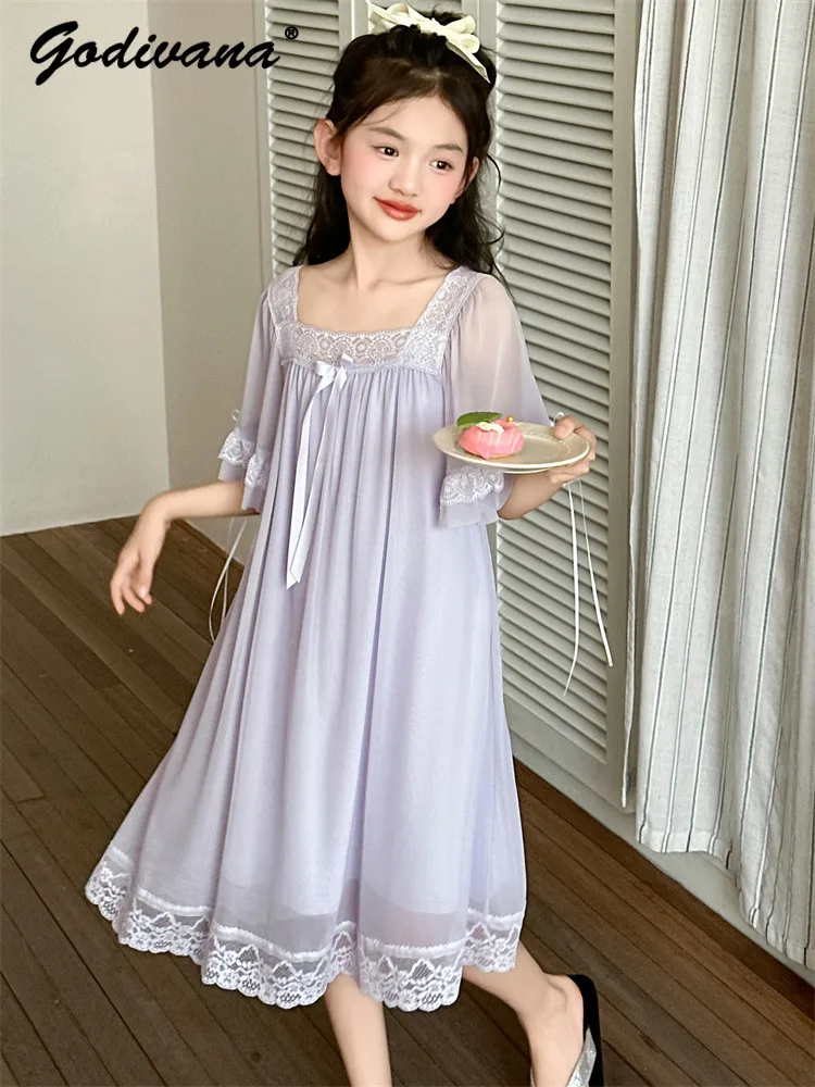 Little Girls Princess Court Nightgown 2026 New Spring and Summer Kids Short Sleeve Lace Embroidery Mesh Modal Family Sleepwear