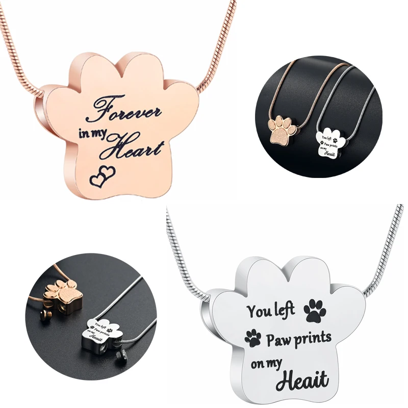 Forever In My Heart Cremation Urn Necklace Paw Pendant Stainless Steel For Pet Dog Ashes Free Engraved Women's Present Memorial