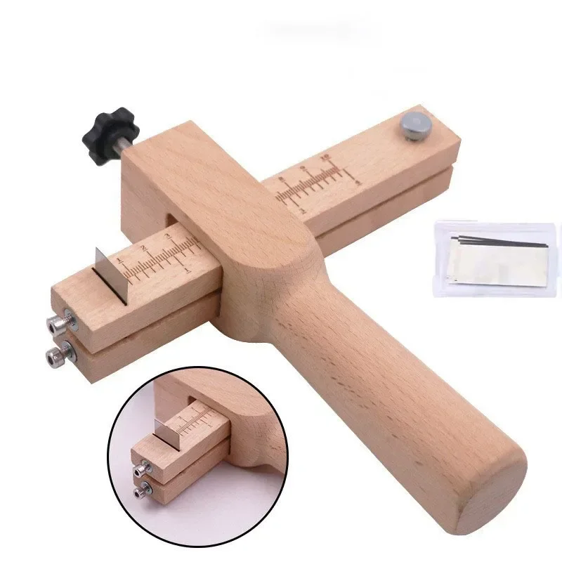 Wooden Leather Strap Cutter Adjustable Strip Belt Precise Cutting Tool with 5 Sharp Blades for Leathercraft Handmade DIY Work