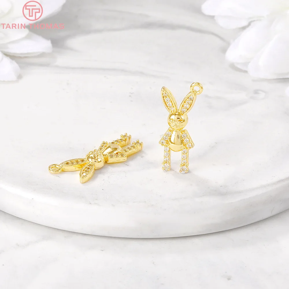 (1151)9x20MM Hole 1.5MM 24K Gold Color Brass with Zircon Rabbit Charm Pendants for DIY Jewelry Making Findings Accessories