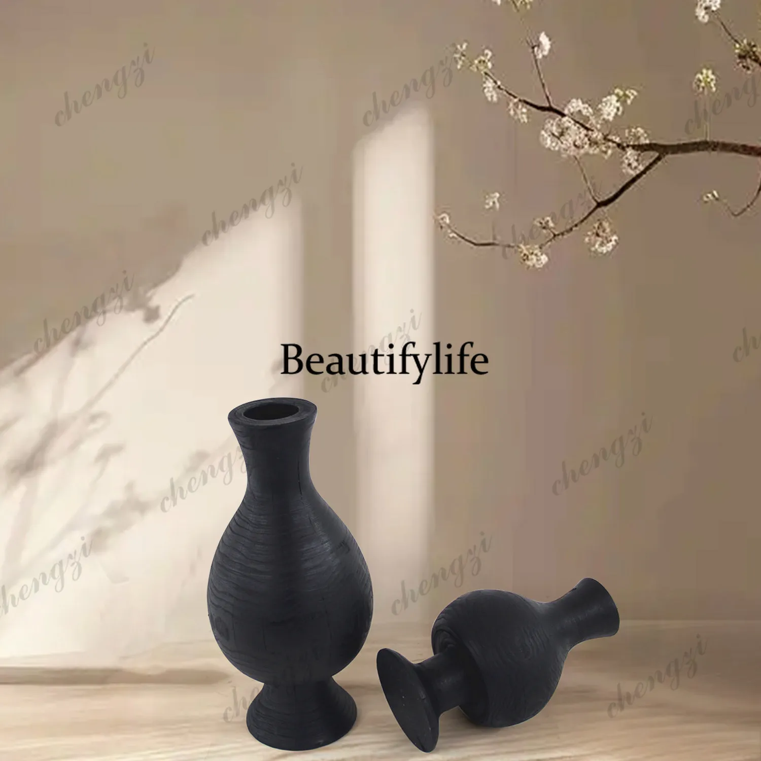 Wabi Sabi wind handmade carbonized black wood ornament vase dried flower device homestay decoration process