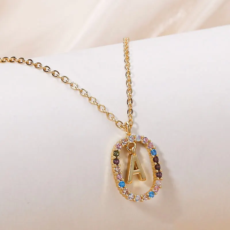 Initial Pendant Gold Letter Necklace For Women Multi Color Cubic Zircon Pendant Women Wedding Party Jewelry Gift