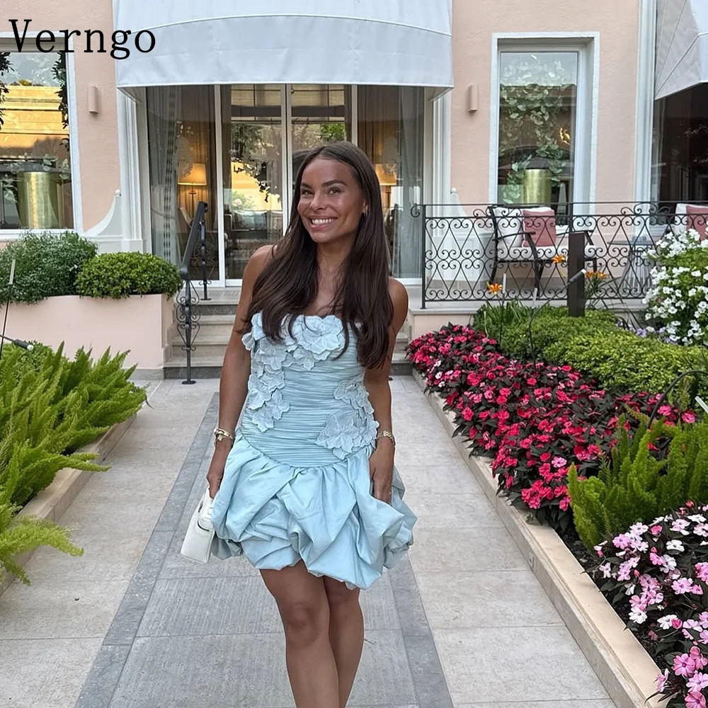 

Verngo Blue Appliques Mini Party Dress Strapless A Line Ball Gowns Elegant Pleat Short Cocktail Dresses Customized