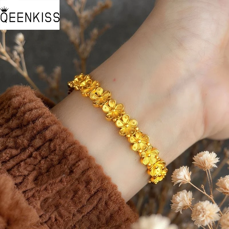 QEENKISS 24KT Gold Peach Plum Blossom Bangle Bracelets For Women Wedding Party Birthday Christmas Bride Mother Girl Gifts BT5409