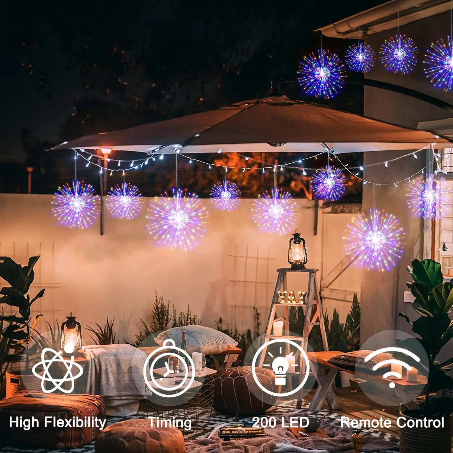 Natal Decorativo Luzes Suspensas Led Fogos de Artifício Luzes Alimentado por Bateria 180 LEDs Ano Novo 2024 Festoon Led Luzes Decorações de Casamento Para Pátio / Gazebo / Tenda / Cortina / Valentim / Decoração do Quar