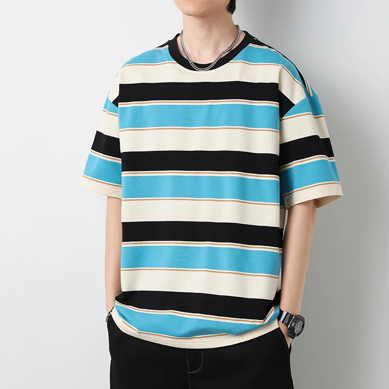 Korean Contrasting Colors Striped T-shirts Men\'s Clothing Chic O-Neck Casual Loose Summer Youthful Vitality All-match Pullovers