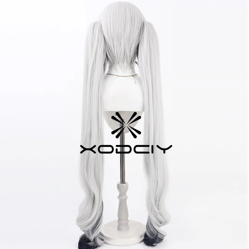 Peruka cosplay FGO Aqua Ruler 100cm Srebrno-Biała Gradientowa Syntetyczna z Doczepianymi Kucykami i Czepeczkiem Gratis