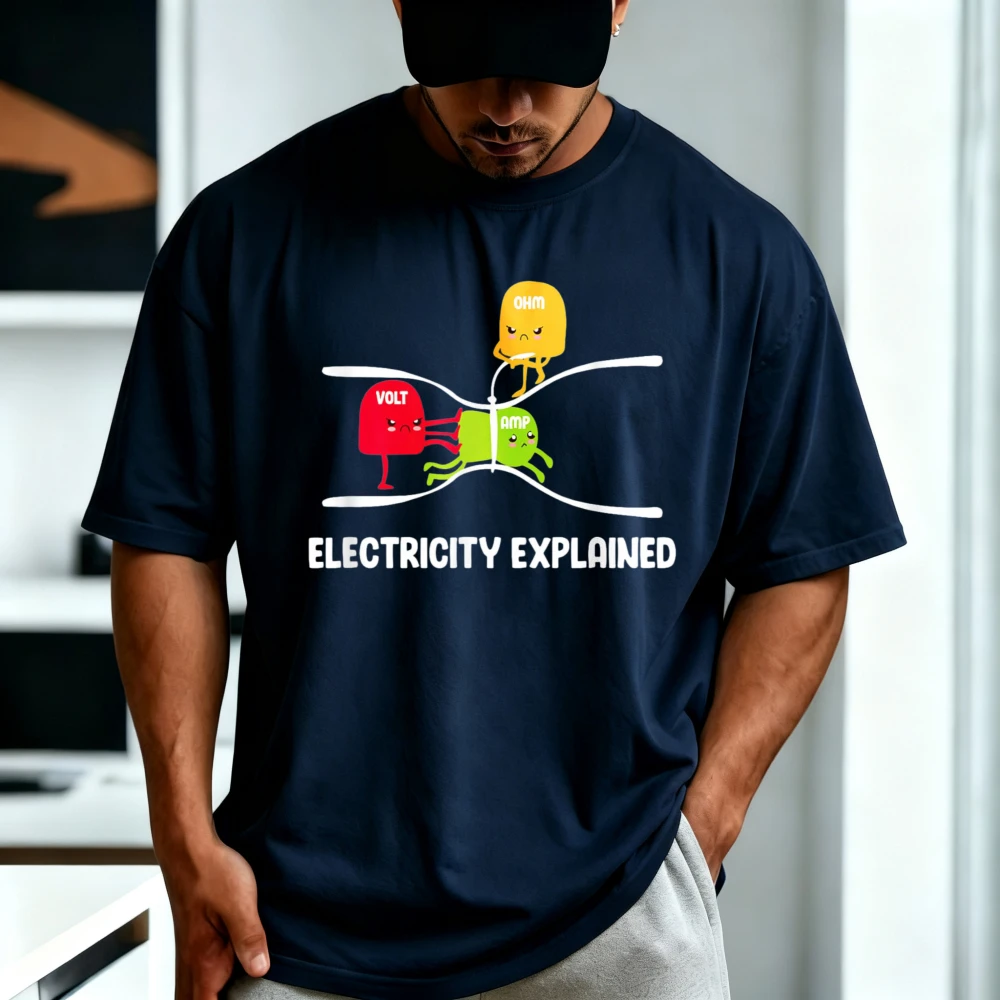 Electricity Explained Volt Ohm Amp Funny Electrician T-Shirt Humor Adult Joke Meme Cartoon Graphic Printed Cotton Clothing