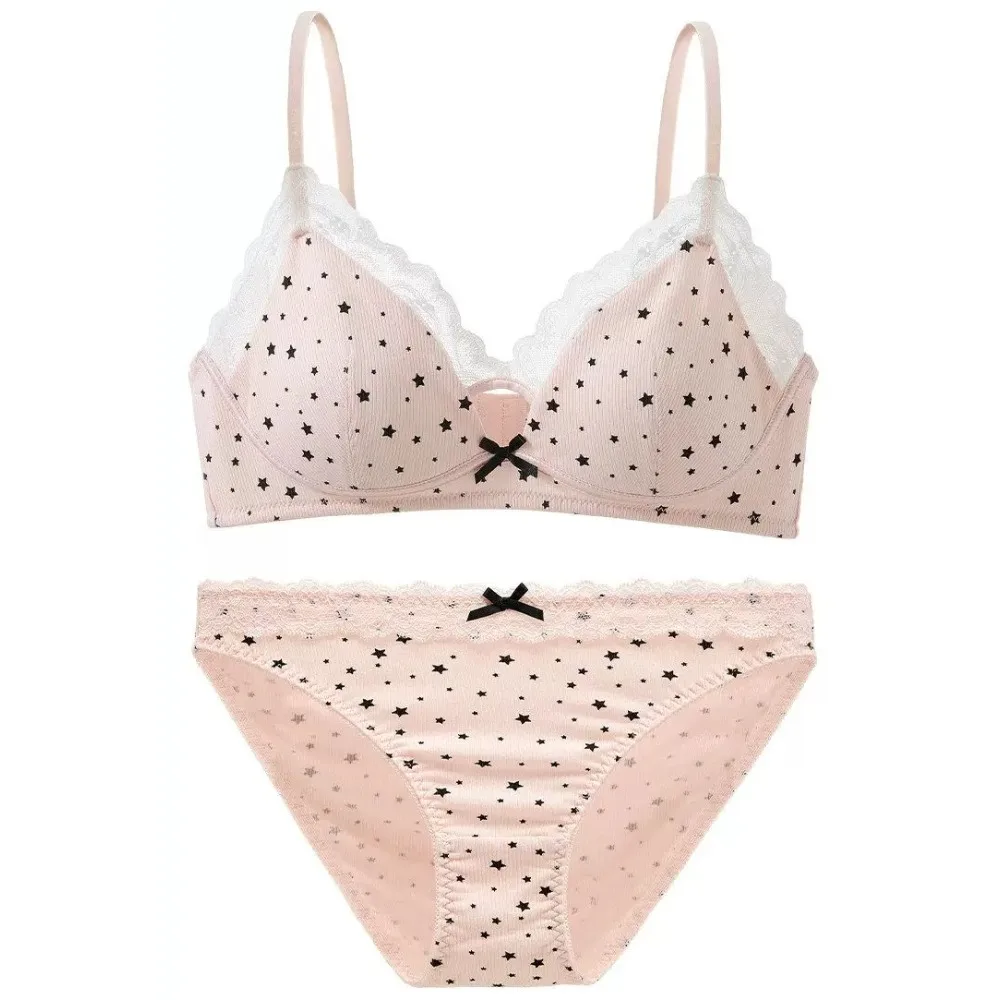 Women Wireless Soft Support Bra Set Push‑Up For Small Bust Anti‑Sag  Anti Side Spill Sweet Girly Daily Wear Lingerie Brassiere