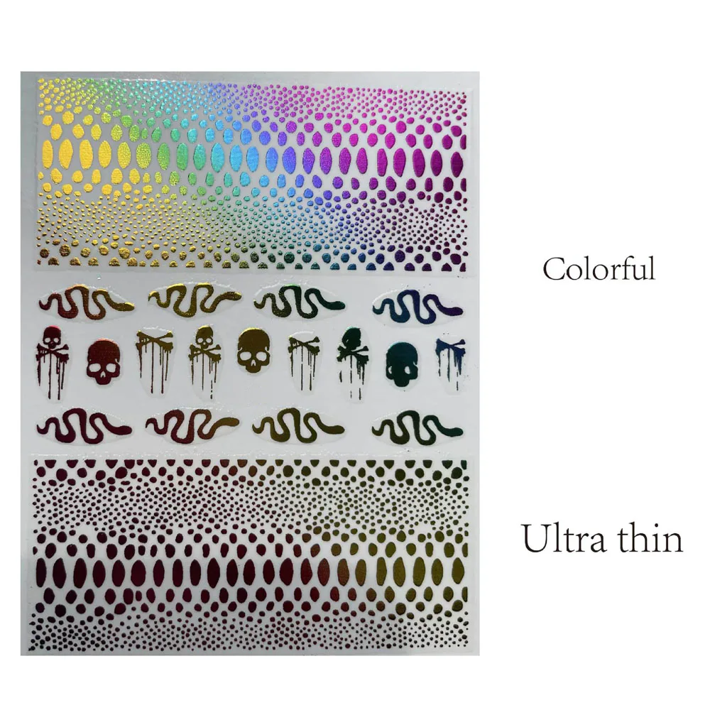 

10*8cm Halloween Skull Bone Nail Design Snake Skin Sliders Nail Art Stickers Adhesive Party Gold/Silver Bronzing 3D Laser Decals