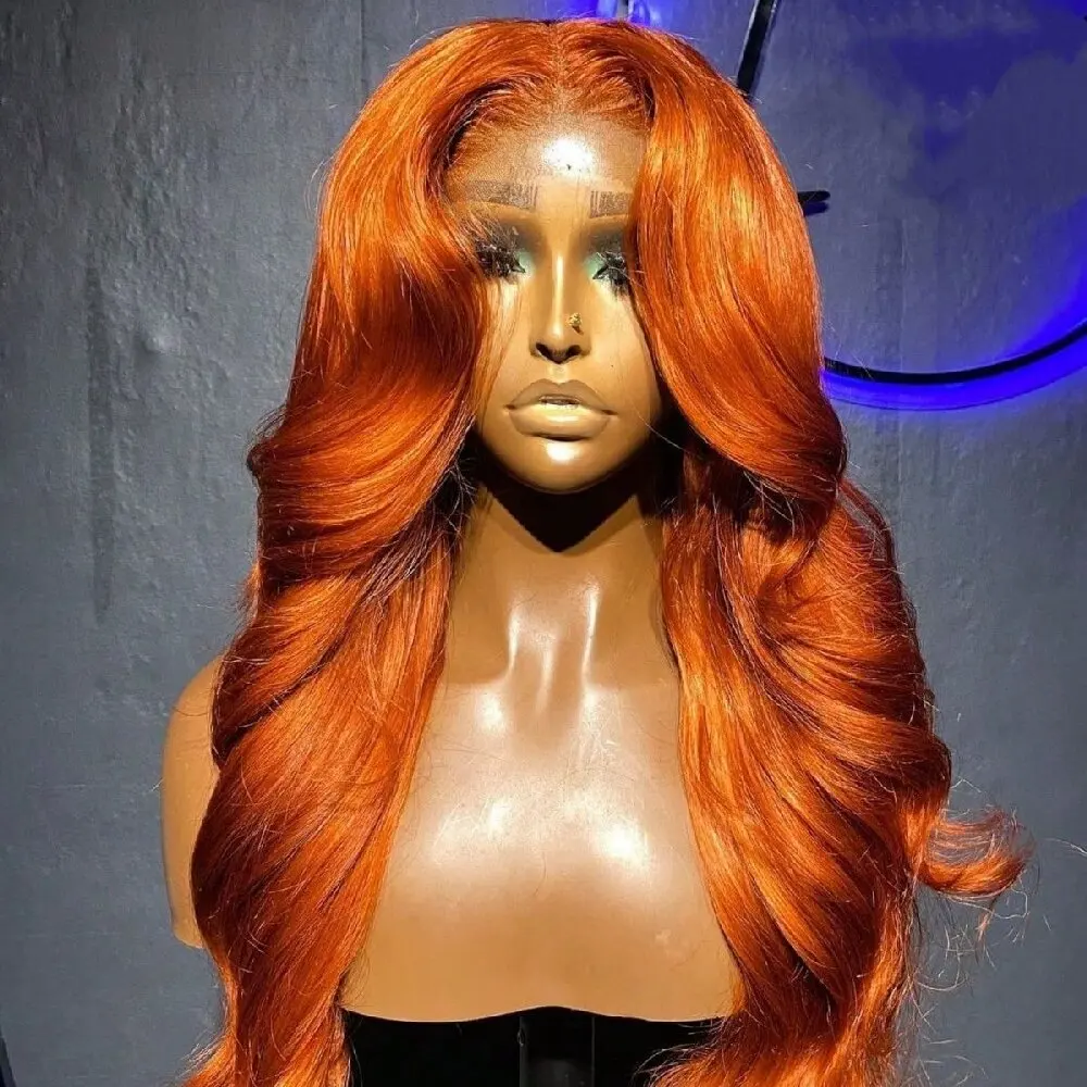 Peluca de Cabello Humano con Frente de Encaje Transparente 13x4, Ondulado, Color Naranja Jengibre # Peluca de Cabello Humano Pre-Depilado de 350 Colores, 200% de Densidad, Línea de Cabello Natural