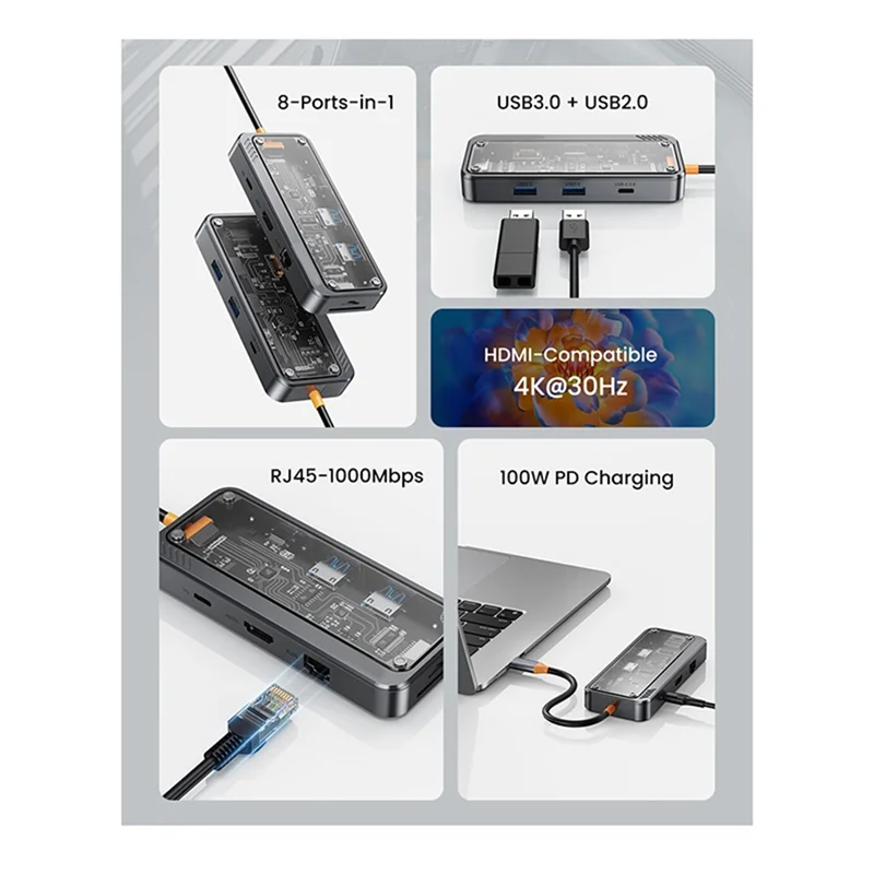 SR-USB C Hub 8 في 1 Type-C 3.1 إلى 4K محول 5GB RJ45 SD/TF قارئ بطاقات محور السماء الداكنة رمادي وشفاف USB 3.0 100W PD للكمبيوتر المحمول