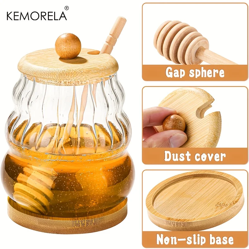 Tarro de miel KEMORELA con cuchara y tapa de sellado, tarro de miel de vidrio de 330/450ML con bandeja de cuchara de miel de madera, dispensador de jarabe sellado