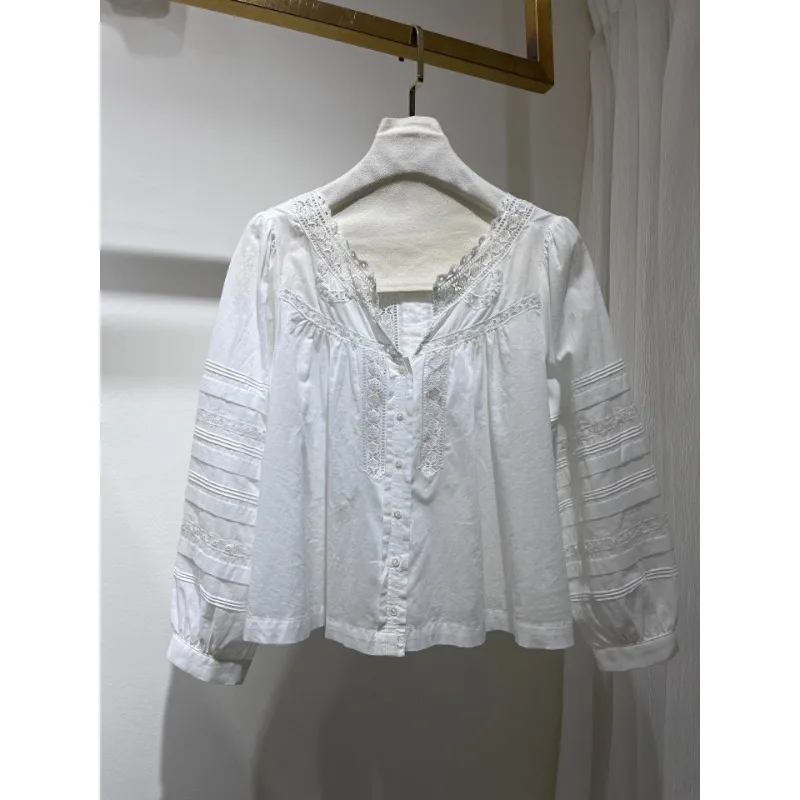 

Women's White Hollow Out Lace Patchwork Embroidery Long Sleeve Loose Blouse Tops 2025 New Fashion Style Elegant