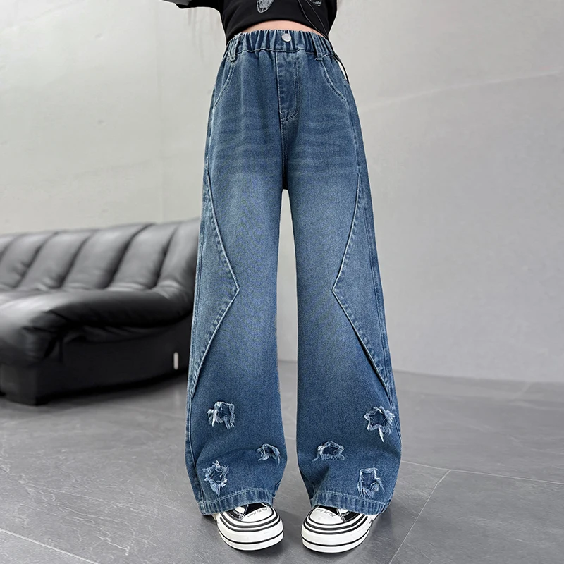 جينز أنيق فاخر للأطفال بأرجل مستقيمة مع نجوم للفتيات سراويل جينز عالية الشارع للأطفال سراويل جينز سوداء وزرقاء #2