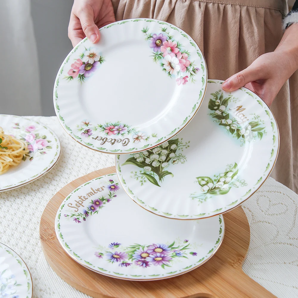 European Vintage Flower Phnom Penh Service Plate, Bone China, Food Plate, Salad Tray, Dessert Dish, Dining Plate for Kitchen