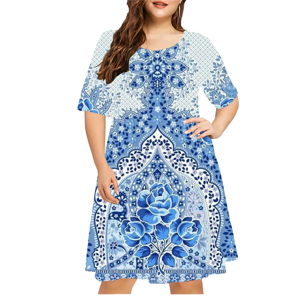 6XL Plus Size Dresses Women Blue Flower 3D Print Dress Loose Sundress Vintage Clothes Casual O-Neck Short Sleeve Dress 2024 New