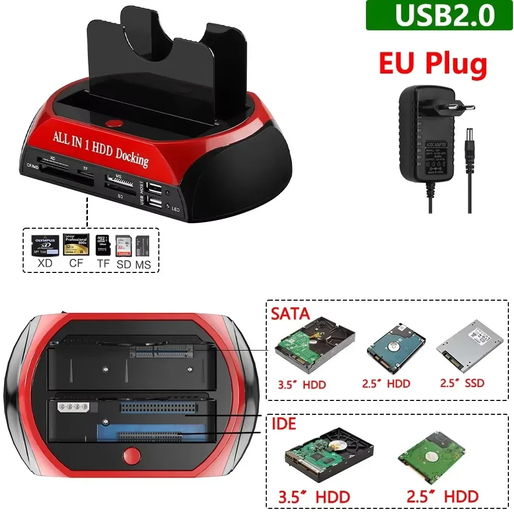 Dual Slots Hard Drive Station USB3.0 To 2.5/3.5 Inch SATA SSD HDD With HUB SD TF Reader IDE USB2.0 Enclosure Adapter EU Plug