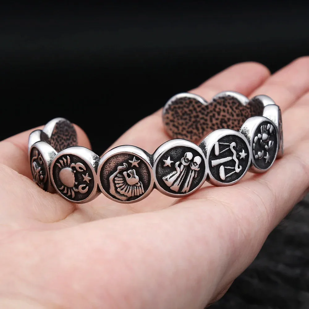 Vintage 12 Constellation Stainless Steel Open Cuff Bracelet  Gothic Zodiac Sign Symbol Bangle Astrology Fashion Jewelry Unisex