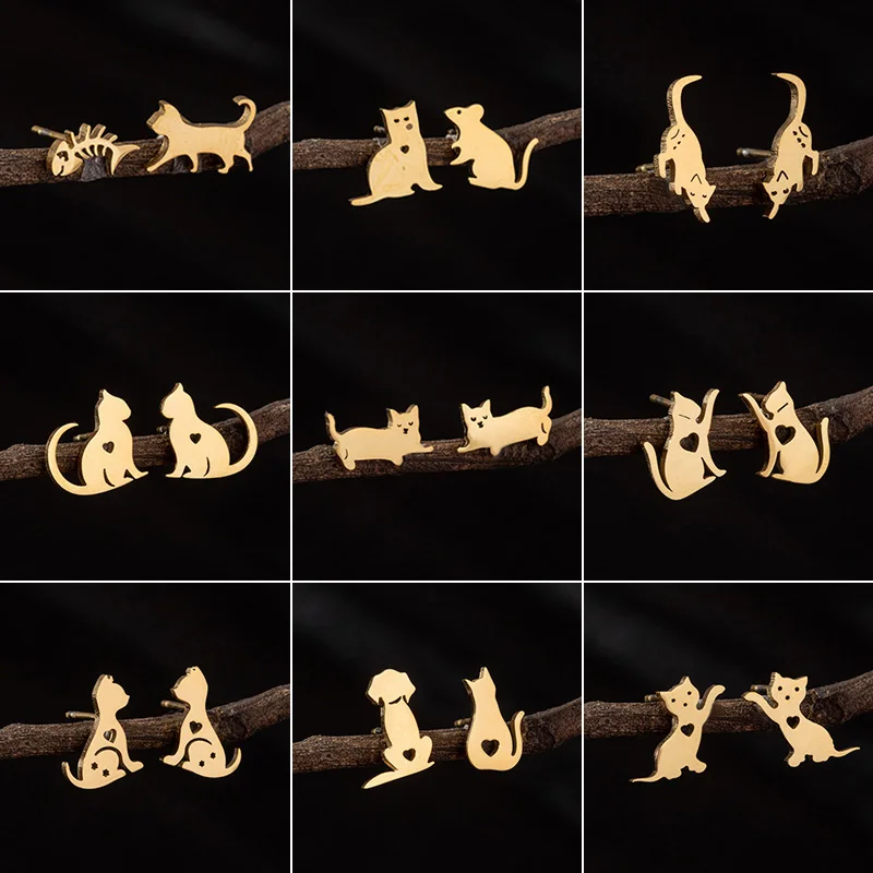 

Cute Golden Stainless Steel Cat Earrings for Women Jewelry Fashion Animal Earings Kitten Studs Funny Ear Piercing Accessory