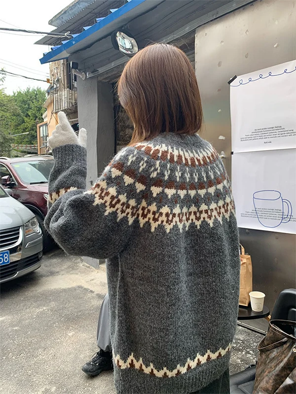 

Новый осенне-зимний вязаный свитер в стиле винтаж с узором Фейр-айл, цветными полосками и круглым вырезом, универсальный, повседневный, удобный...