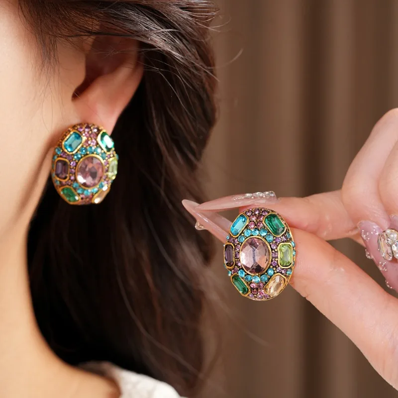 Colorful Zircon Round Floral Stud Earrings for Women, Medieval Palace Vintage Elegant Jewelry, Wedding Bride Ornaments