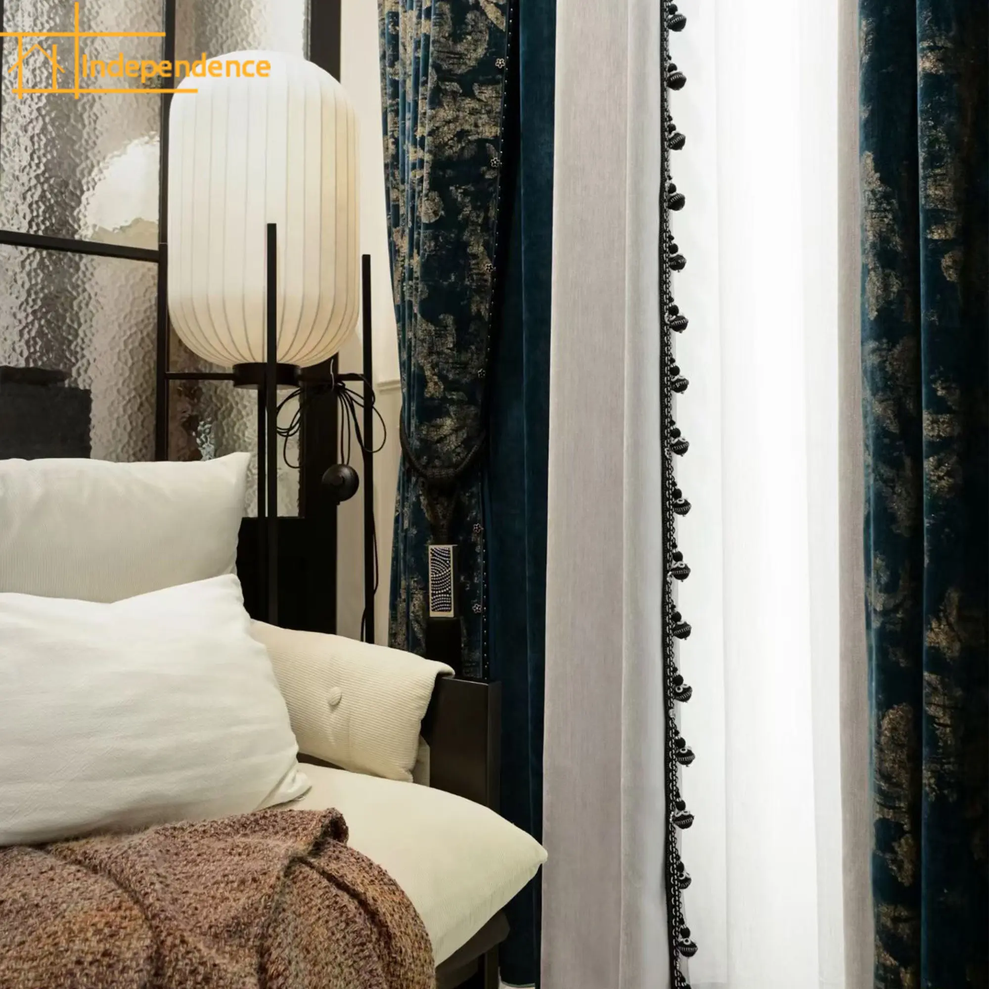 New Vintage American Flannelette Blue Jacquard Thickened Curtains for Living Room Bedroom French Window Villa Customized Valance