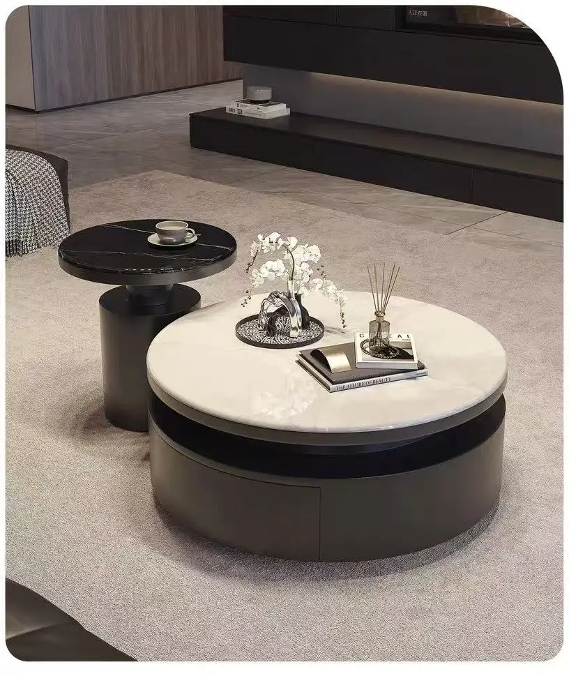 #Modern Round Coffee Table Set, Microcrystalline Stone Top with Storage Drawers for Living Room