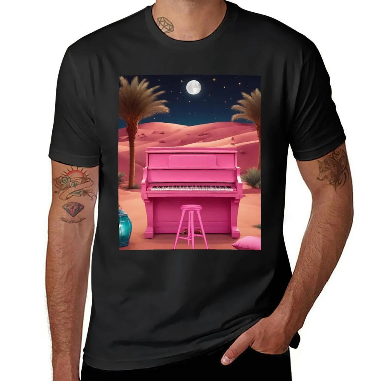 Piano in the Egyptian desert with Pyramids, jungles, lanterns, ancient Rome T-Shirt oversizeds mens white t shirts